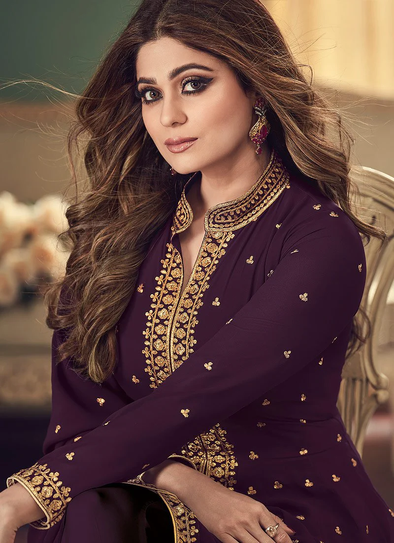 Plum Purple Slit Style Anarkali Featuring Shamita Shetty - Image 3