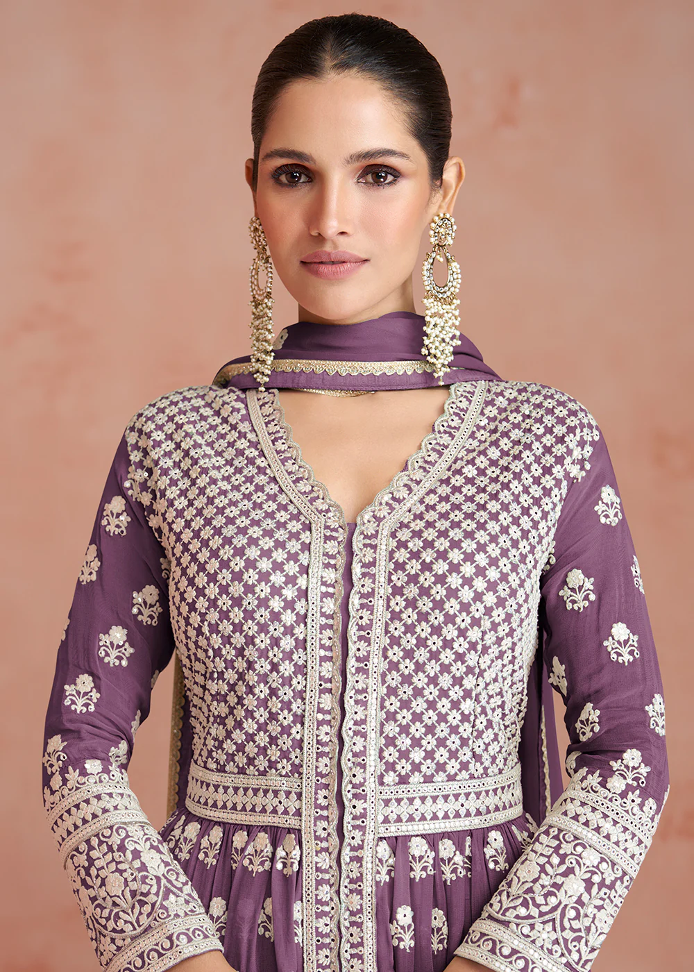 Plum Purple Slit Style Embroidered Georgette Skirt Anarkali Suit - Image 2
