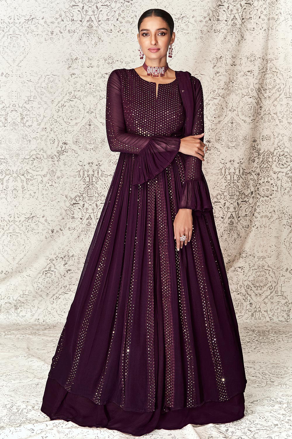 Plum Purple Slitted Style Georgette Skirt Style Anarkali