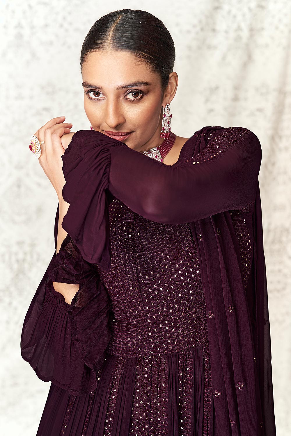 Plum Purple Slitted Style Georgette Skirt Style Anarkali - Image 2