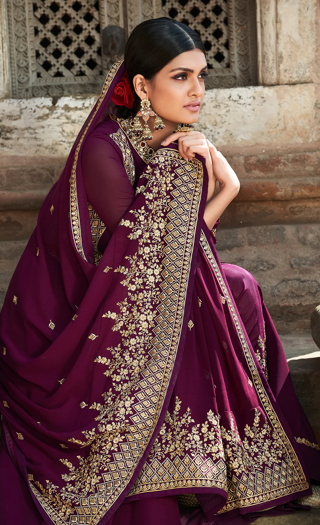 Plum Purple Stone Embellished Floor Length Anarkali Suit - Image 4
