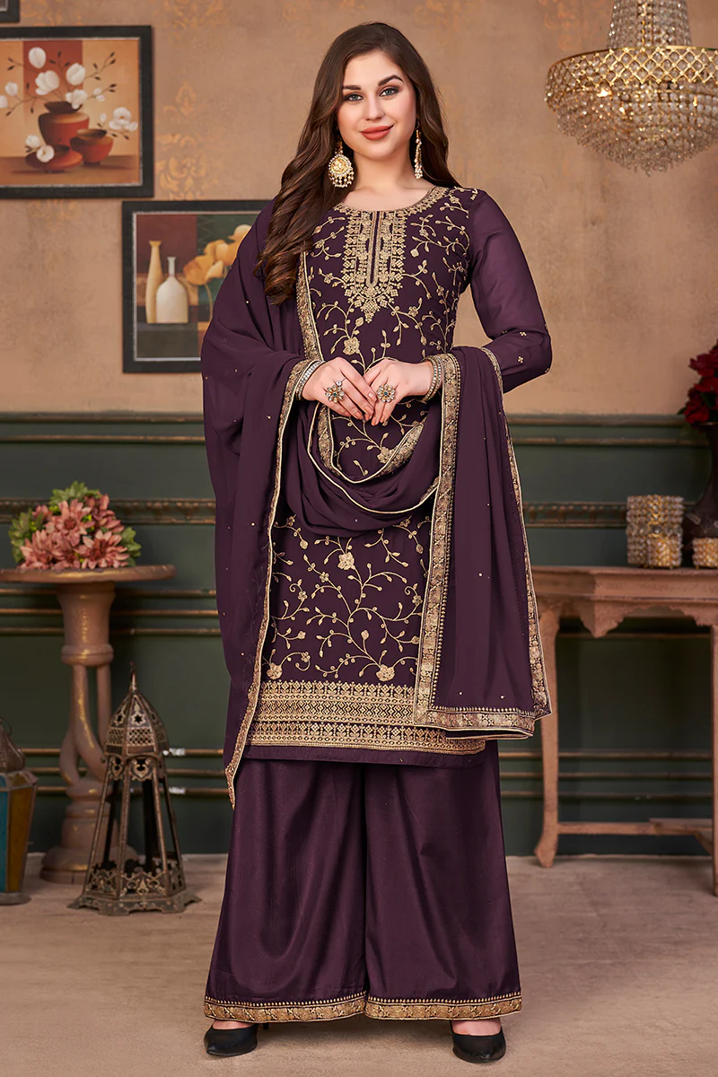 Plum Purple Straight Cut Festive Embroidered Palazzo Suit