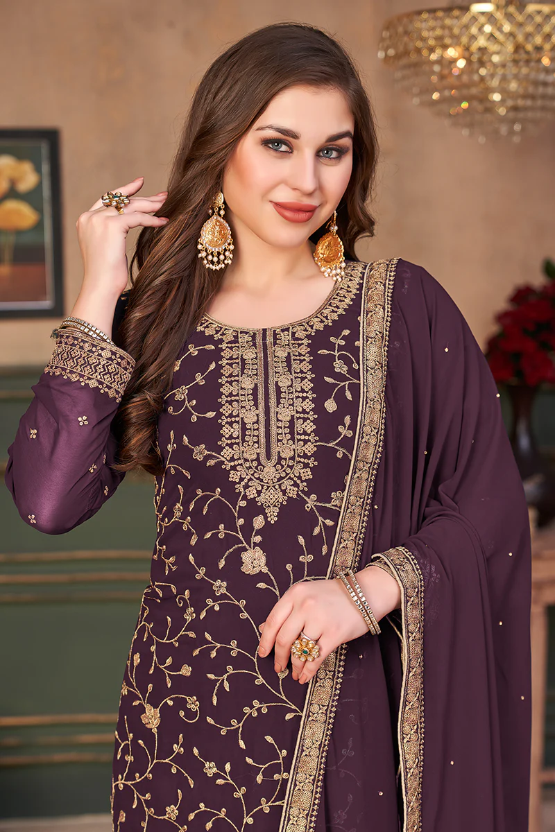 Plum Purple Straight Cut Festive Embroidered Palazzo Suit - Image 2