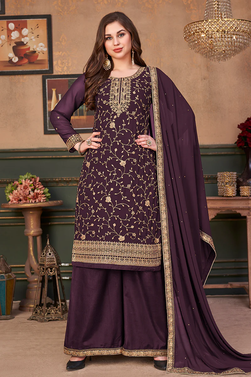 Plum Purple Straight Cut Festive Embroidered Palazzo Suit - Image 3