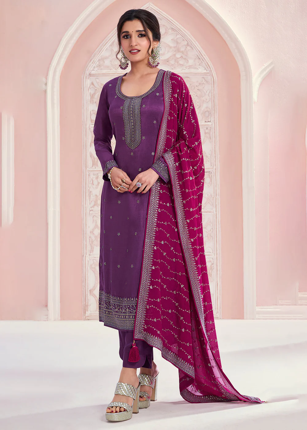Plum Purple Thread Embroidered Silk Salwar Suit