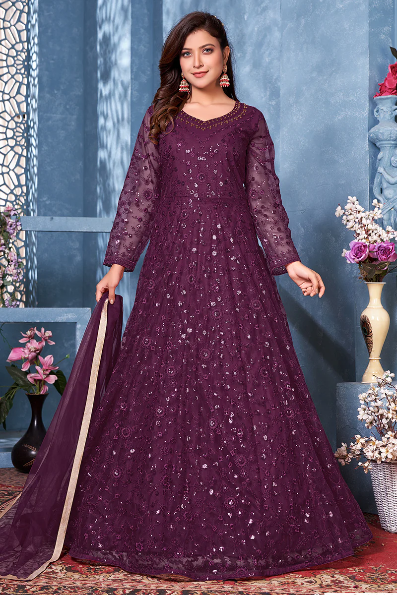 Plum Purple Two Tone Embroidered Sequins Anarkali Suit