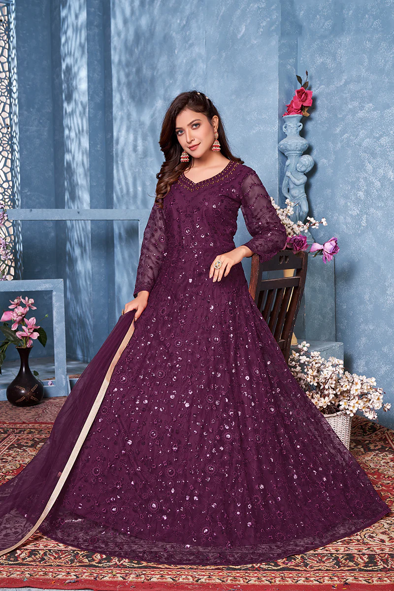 Plum Purple Two Tone Embroidered Sequins Anarkali Suit - Image 4