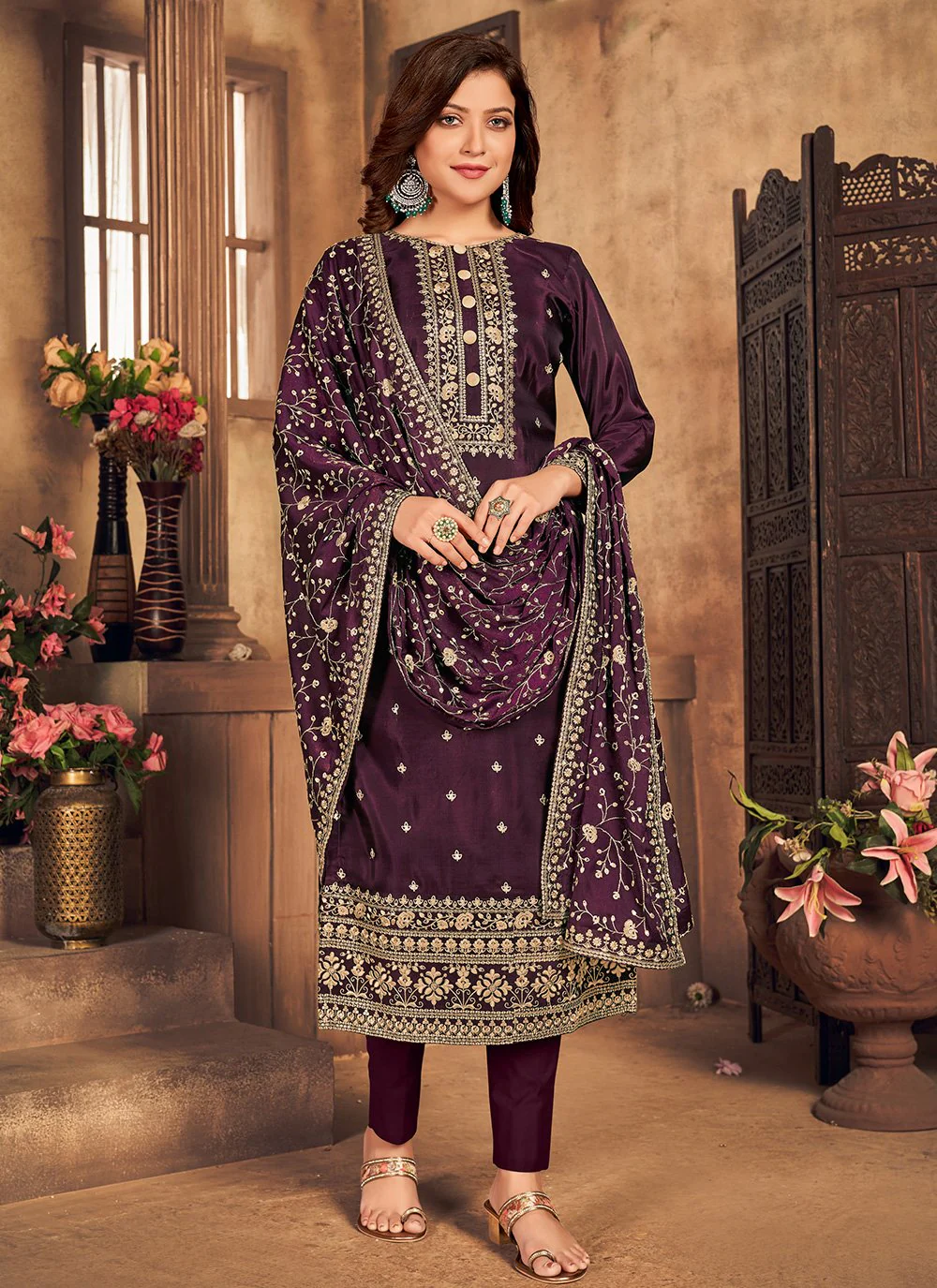 Plum Purple Viscose Embroidered Straight Pant Style Suit - Image 3
