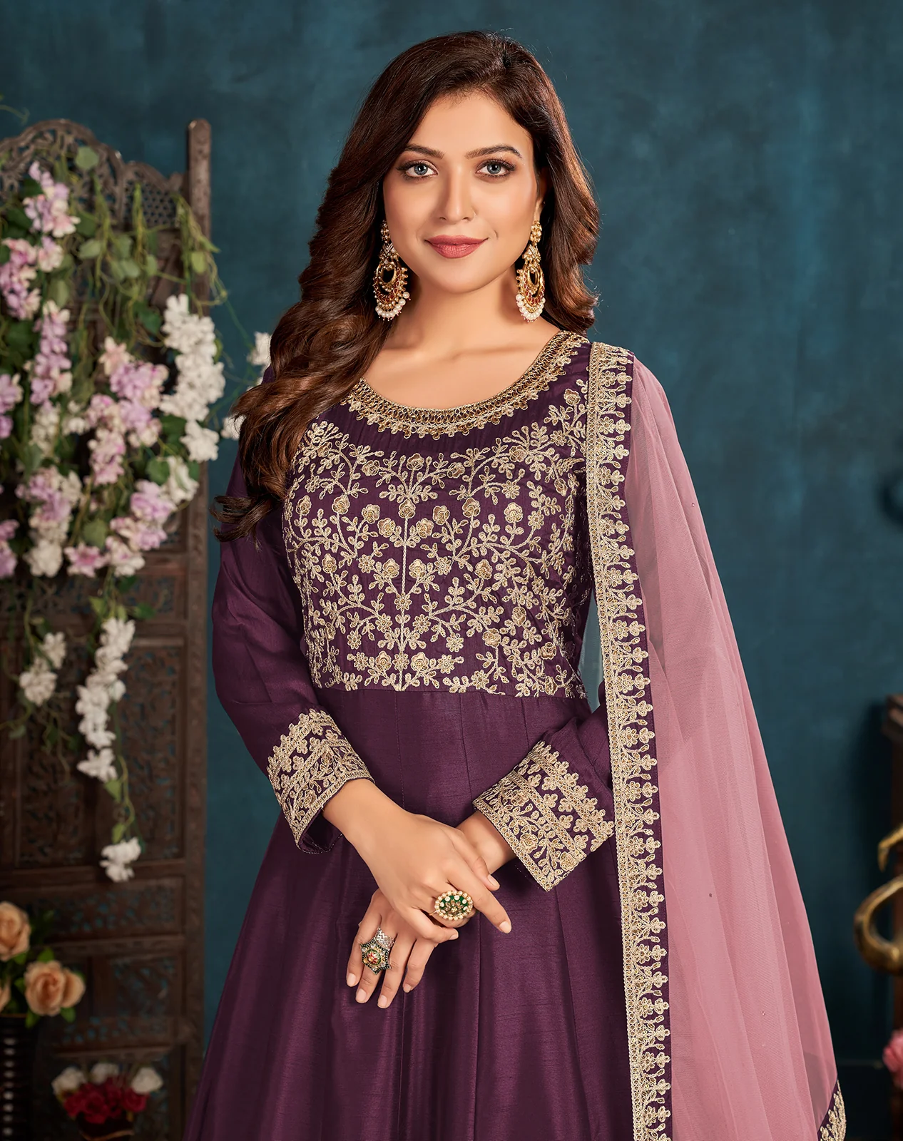 Plum Purple Wedding Art Silk Embroidered Anarkali Suit - Image 2