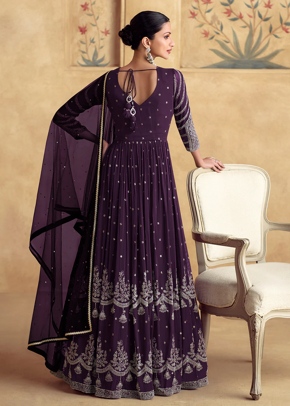 Plum Purple Wedding Style Designer Anarkali Gown - Image 3
