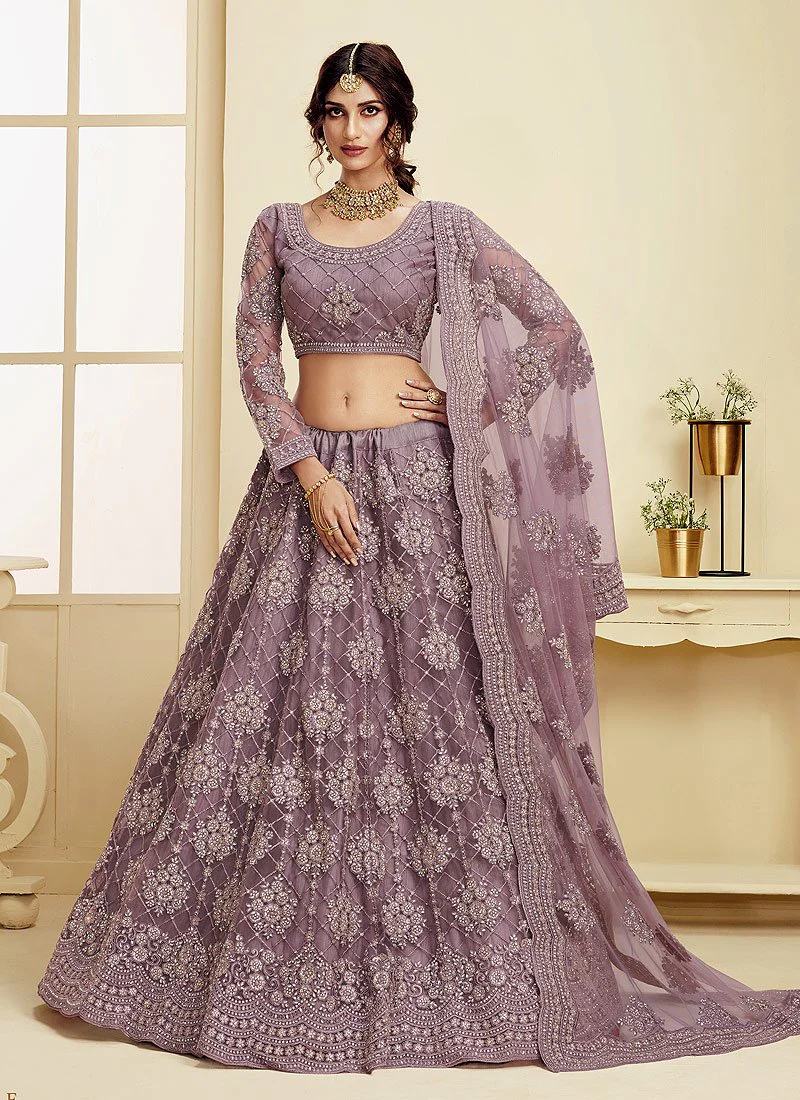 Plum Violet Pearl Embroidered Wedding Lehenga Choli