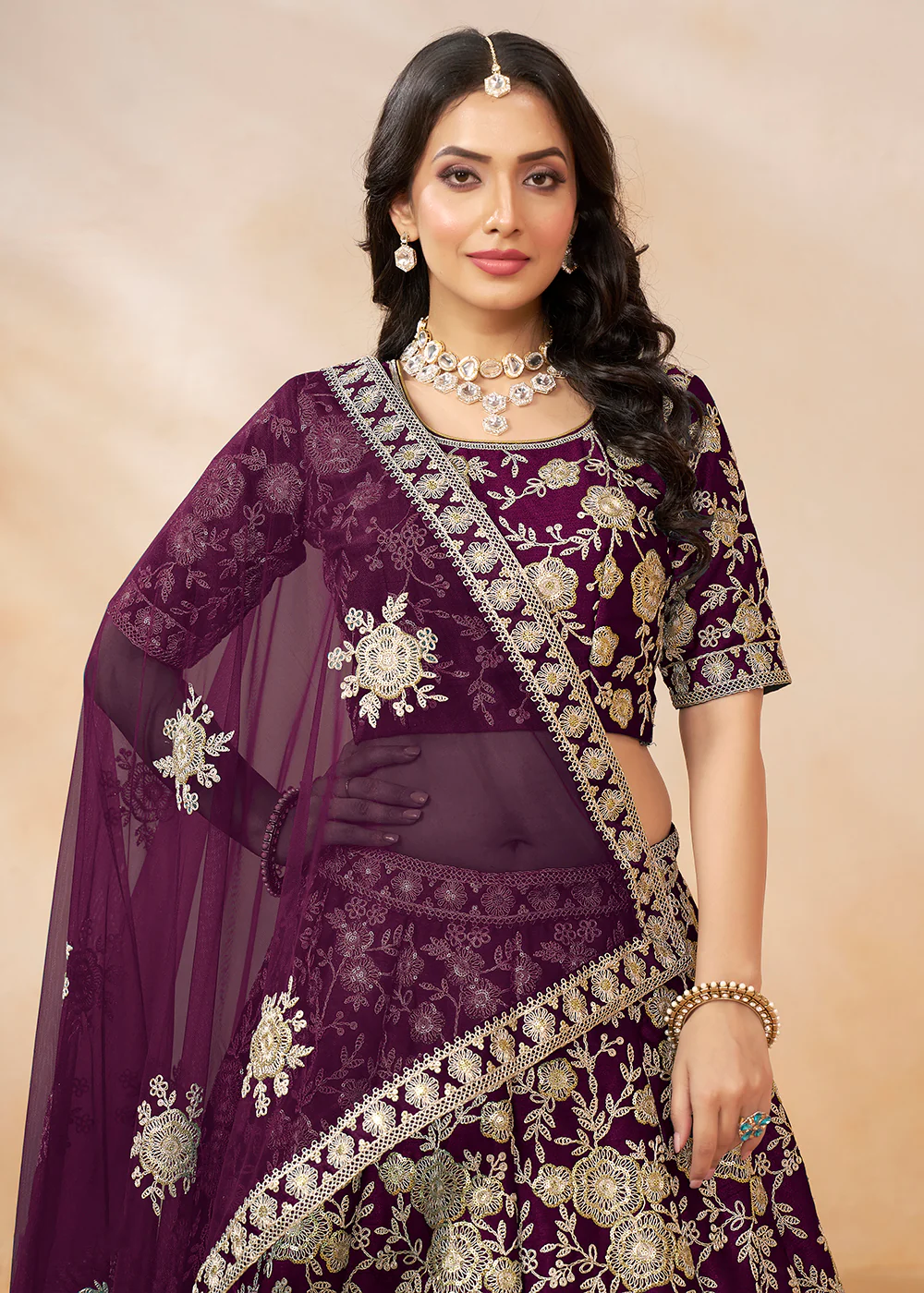 Plum Wine Embroidered Art Silk Wedding Lehenga Choli - Image 2