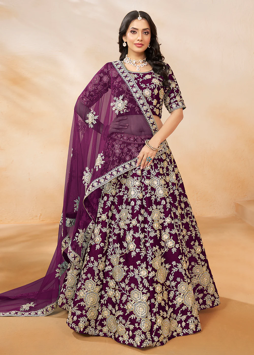 Plum Wine Embroidered Art Silk Wedding Lehenga Choli - Image 3