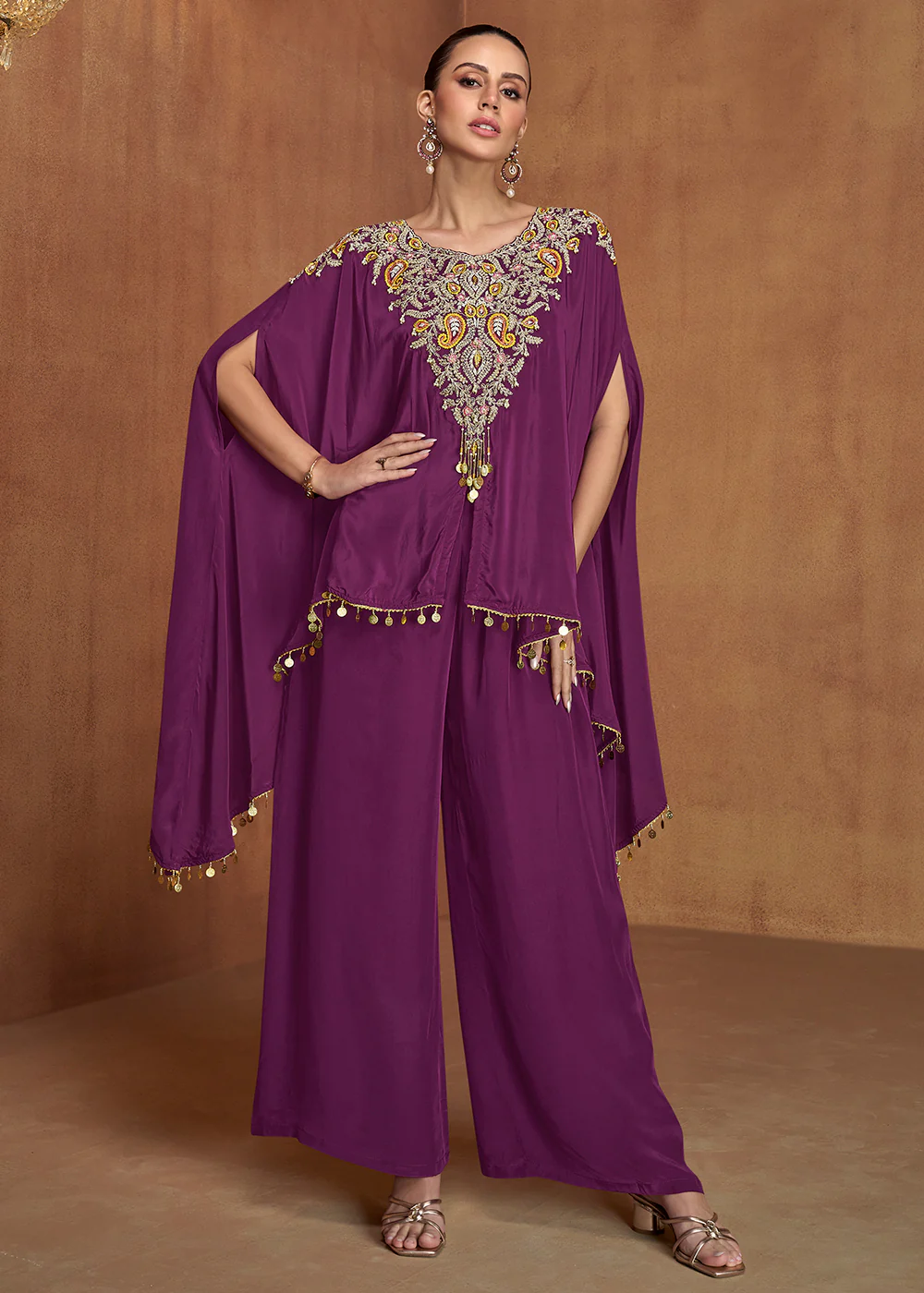 Plum Wine Embroidered Kaftan Style Palazzo Suit