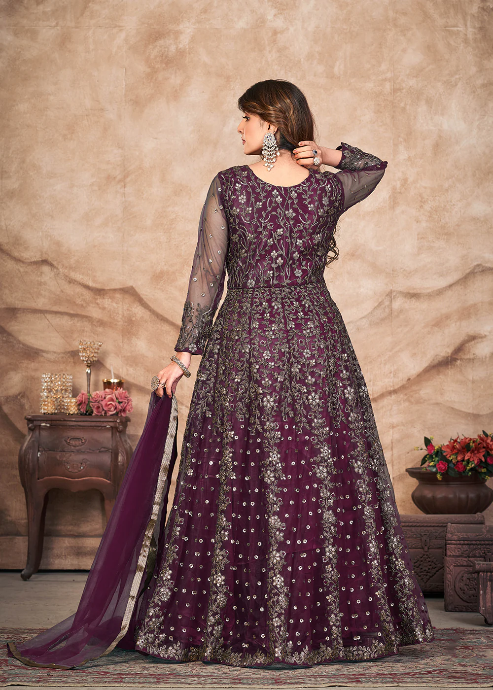 Plum Wine Net Embroidered Pant Style Anarkali Suit - Image 2