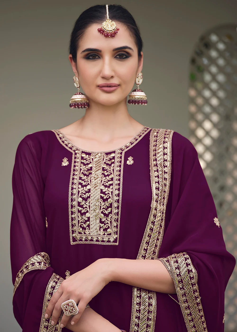 Plum Wine Stone Work Embroidered Festive Palazzo Suit - Image 2