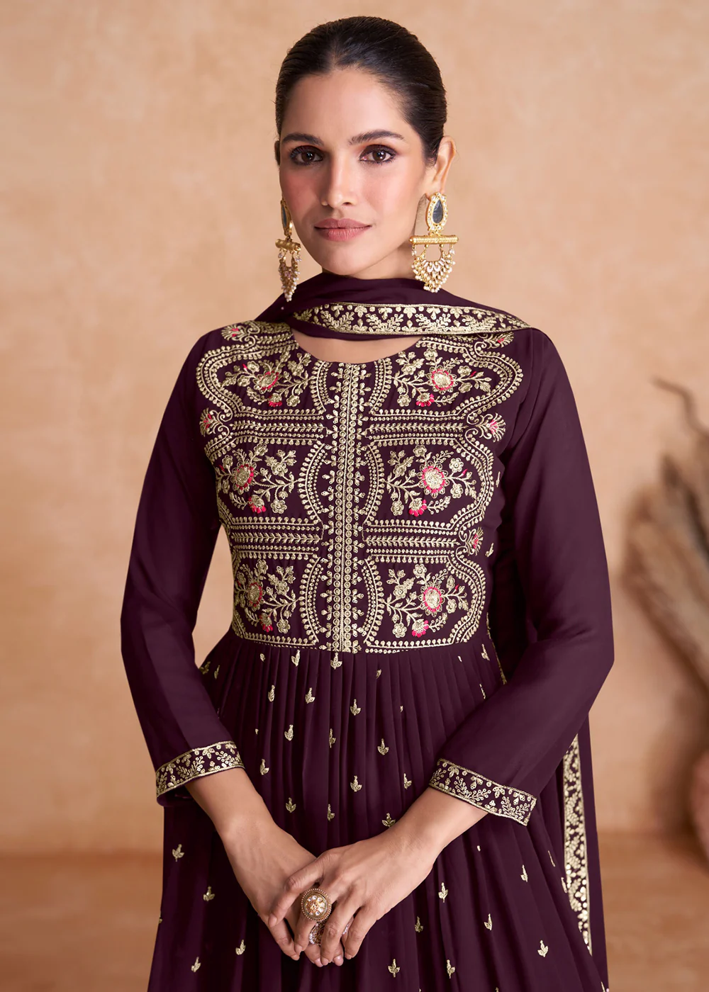Plum Wine Wedding Embroidered Multicolor Palazzo Suit - Image 2
