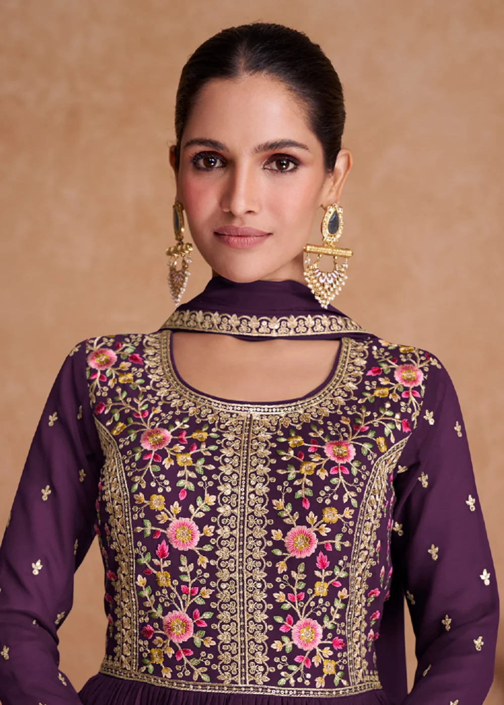 Plum Wine Wedding Long Top Georgette Palazzo Suit - Image 2