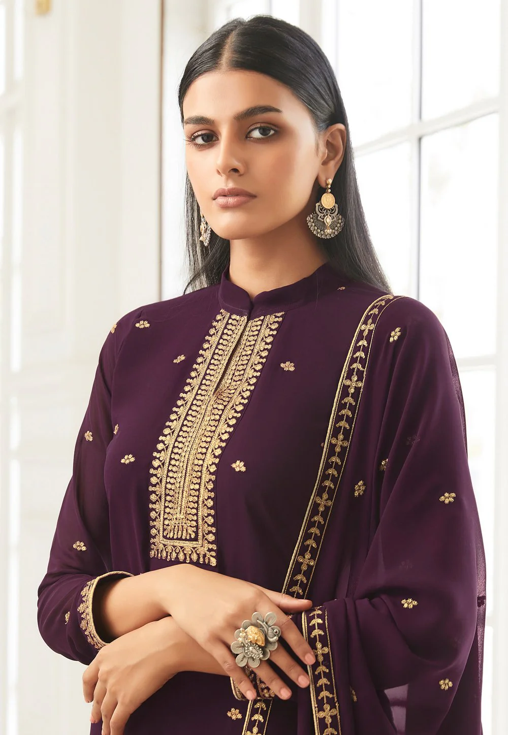 Plum Wine Zari Embroidered Flared Palazzo Suit - Image 3