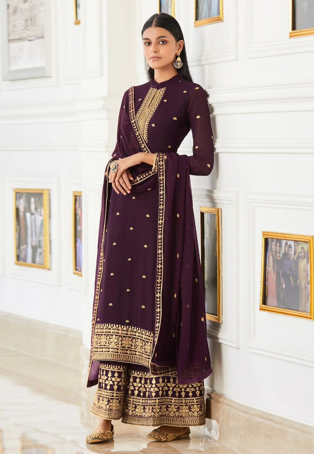 Plum Wine Zari Embroidered Flared Palazzo Suit - Image 4