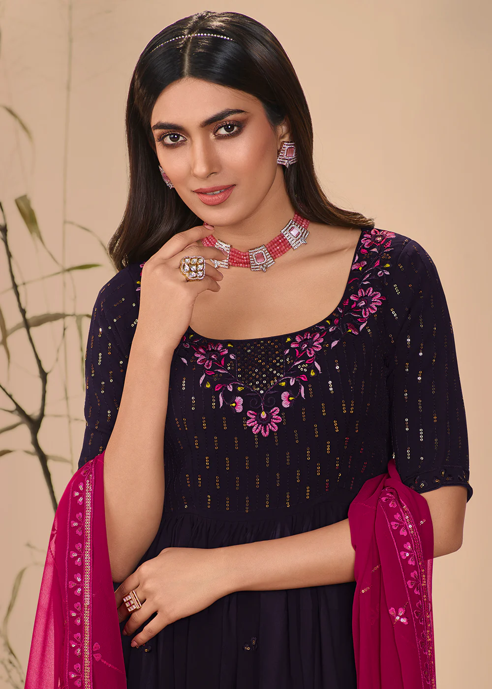 Plushy Festive Purple Georgette Palazzo Salwar Suit - Image 2