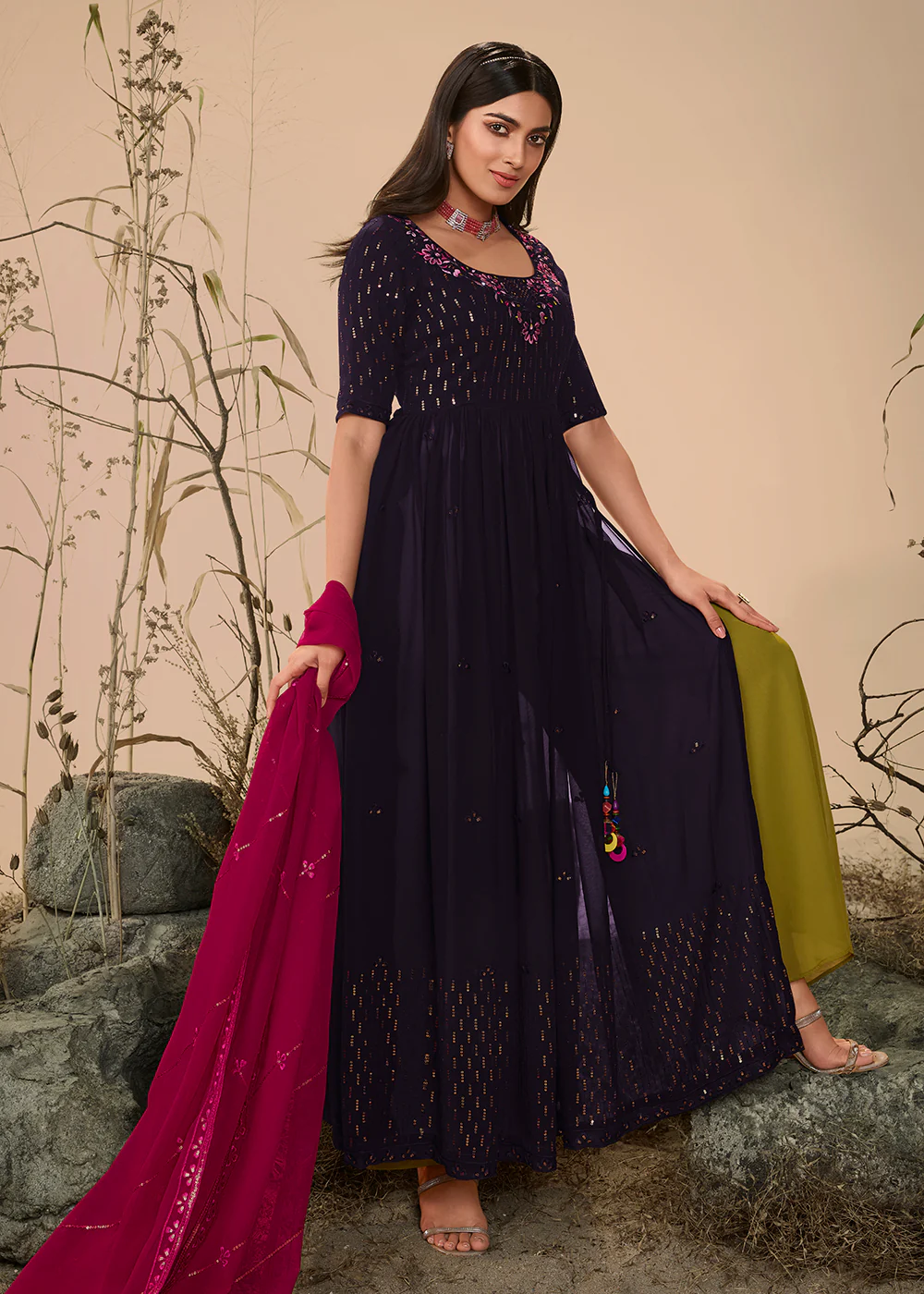 Plushy Festive Purple Georgette Palazzo Salwar Suit - Image 3
