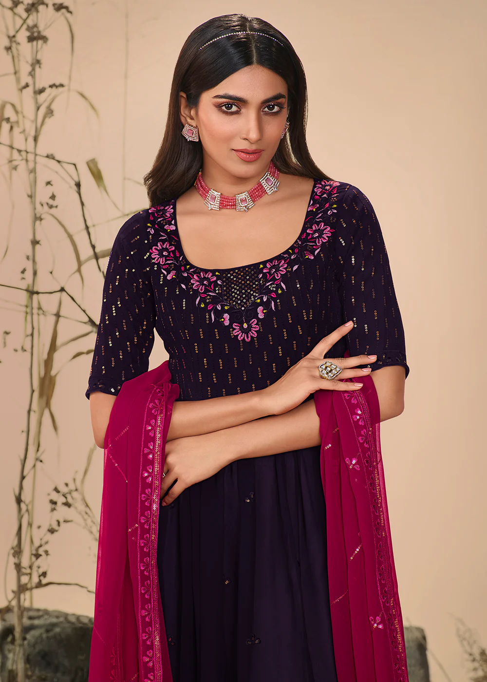 Plushy Festive Purple Georgette Palazzo Salwar Suit - Image 4