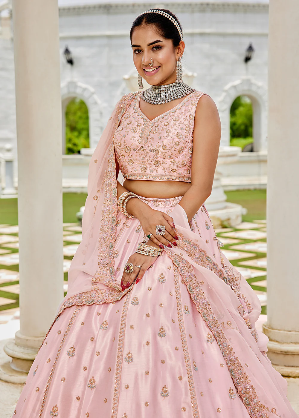Pink Beads & Sequins Work Silk Wedding Festive Lehenga - Image 5