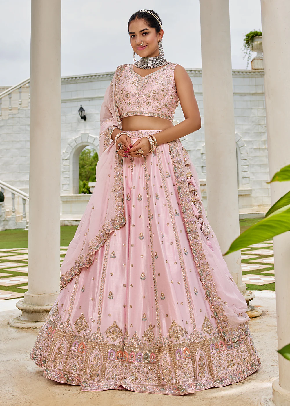 Pink Beads & Sequins Work Silk Wedding Festive Lehenga - Image 6