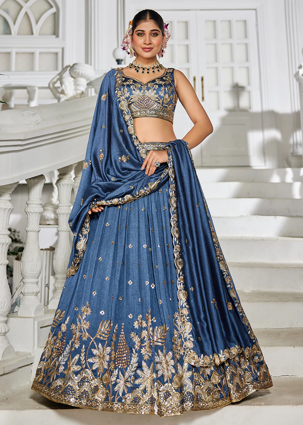 Poly Georgette Blue Embroidered Wedding Lehenga Choli