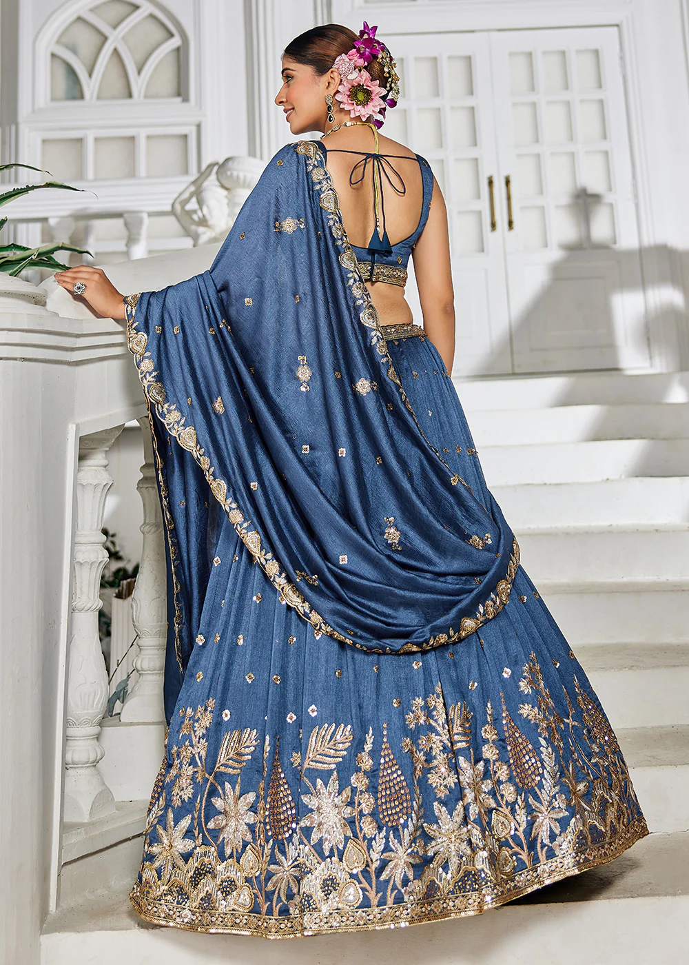 Poly Georgette Blue Embroidered Wedding Lehenga Choli - Image 3