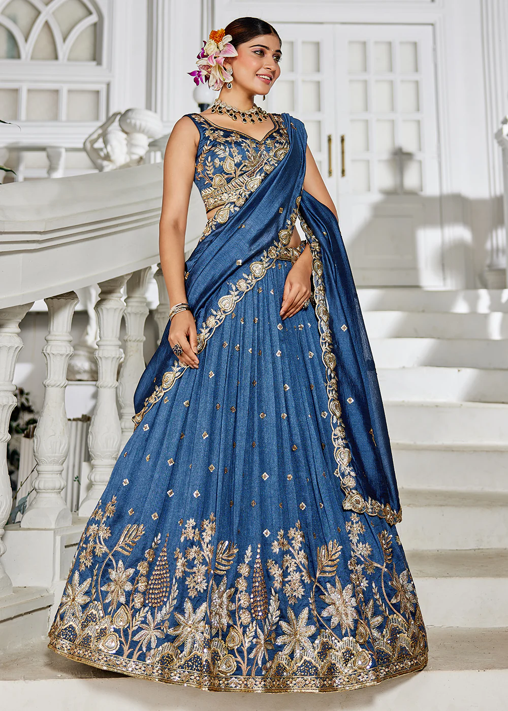 Poly Georgette Blue Embroidered Wedding Lehenga Choli - Image 4