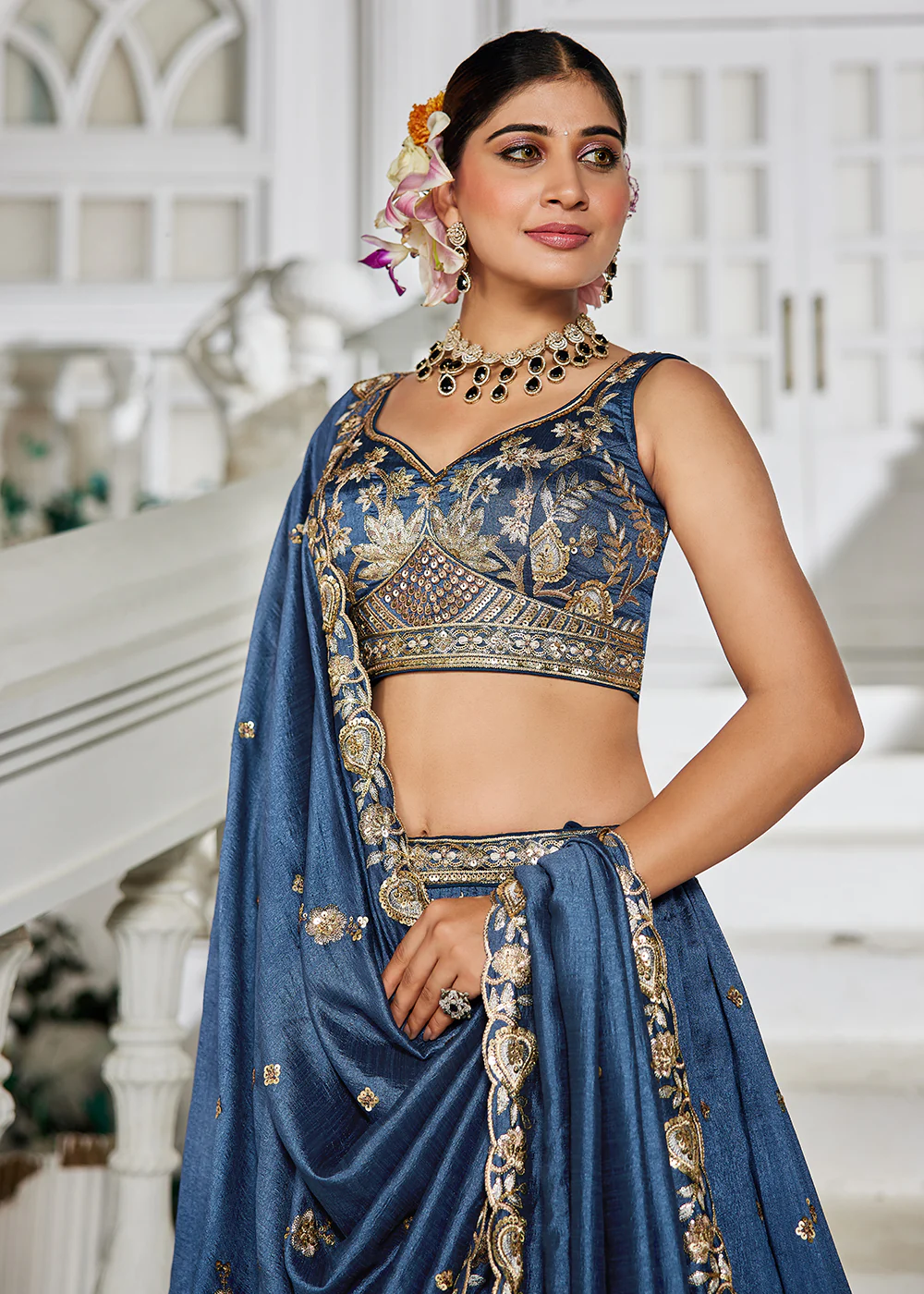 Poly Georgette Blue Embroidered Wedding Lehenga Choli - Image 5