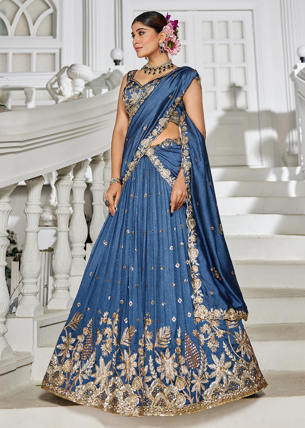 Poly Georgette Blue Embroidered Wedding Lehenga Choli - Image 6
