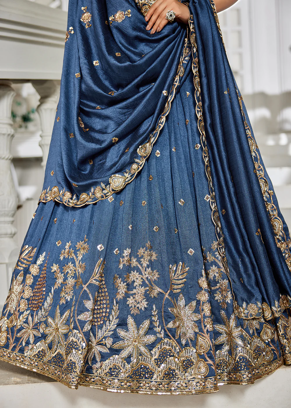Poly Georgette Blue Embroidered Wedding Lehenga Choli - Image 7