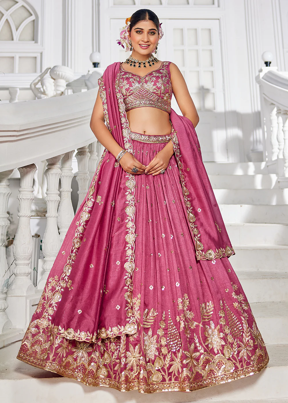 Poly Georgette Pink Embroidered Wedding Lehenga Choli