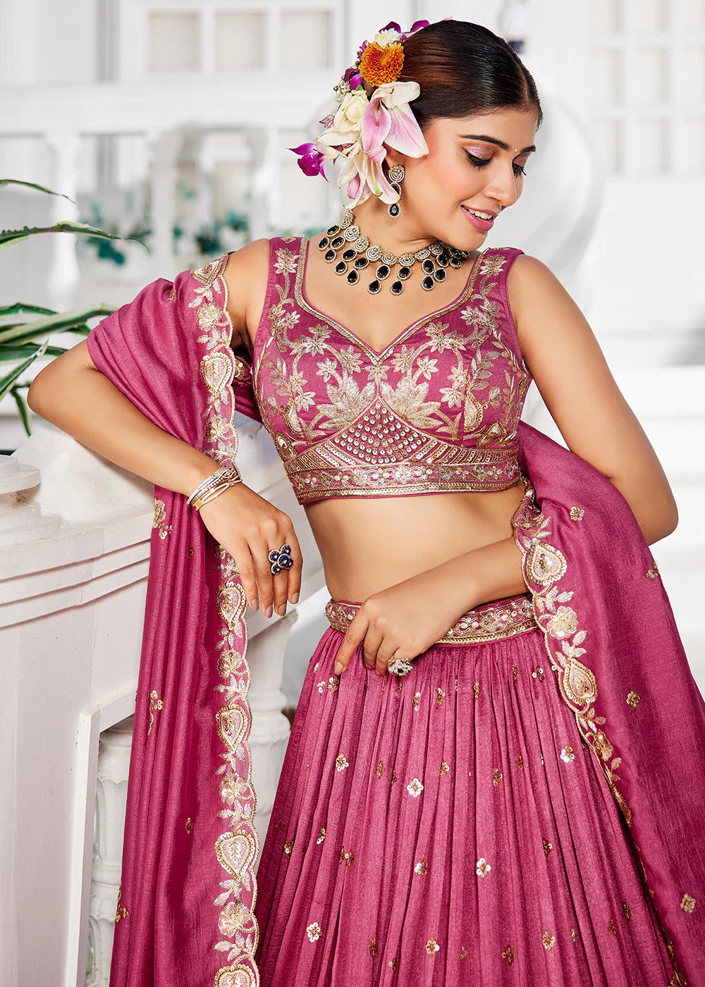 Poly Georgette Pink Embroidered Wedding Lehenga Choli - Image 2