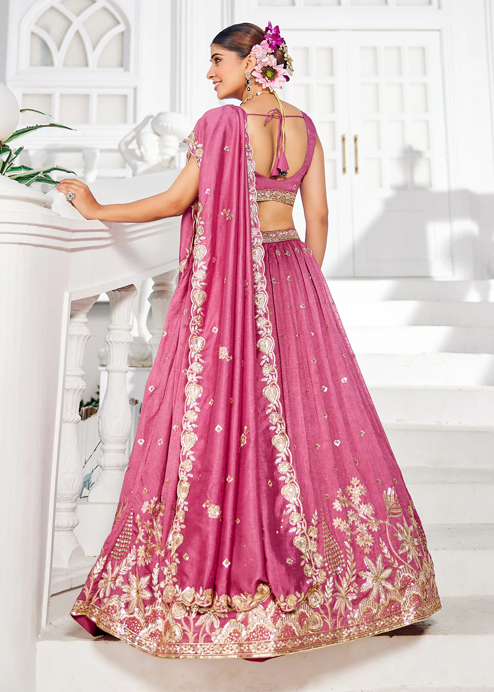 Poly Georgette Pink Embroidered Wedding Lehenga Choli - Image 3