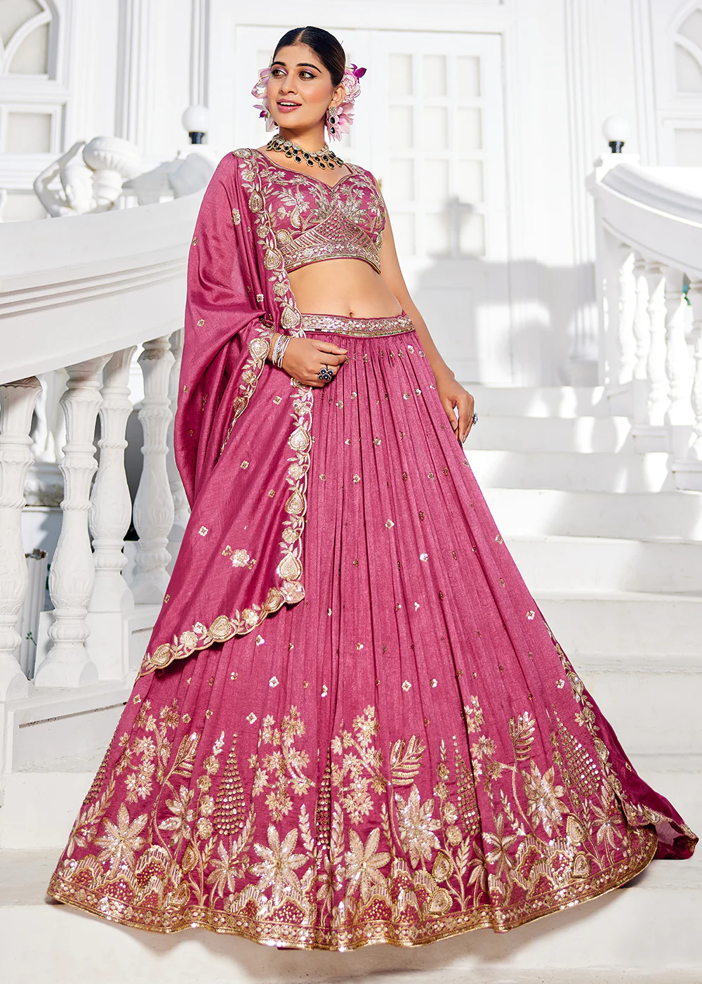 Poly Georgette Pink Embroidered Wedding Lehenga Choli - Image 4