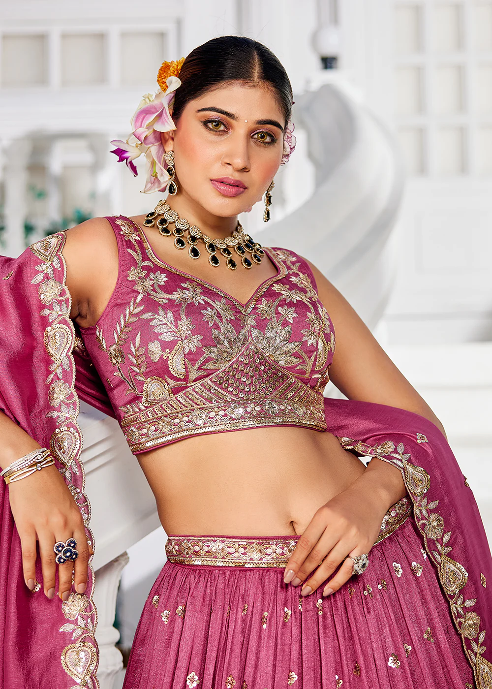 Poly Georgette Pink Embroidered Wedding Lehenga Choli - Image 5