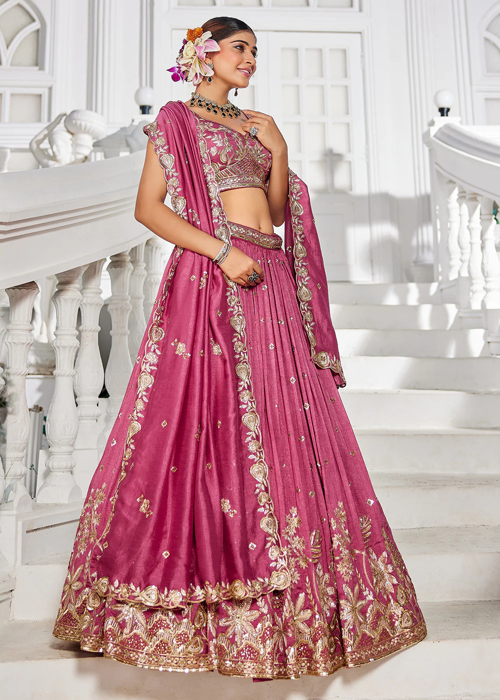 Poly Georgette Pink Embroidered Wedding Lehenga Choli - Image 6