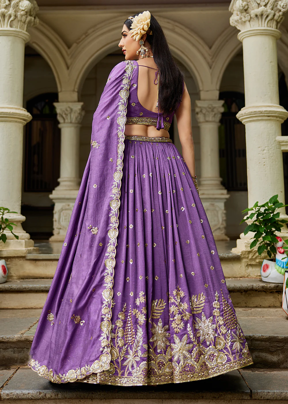 Poly Georgette Purple Embroidered Wedding Lehenga Choli - Image 3