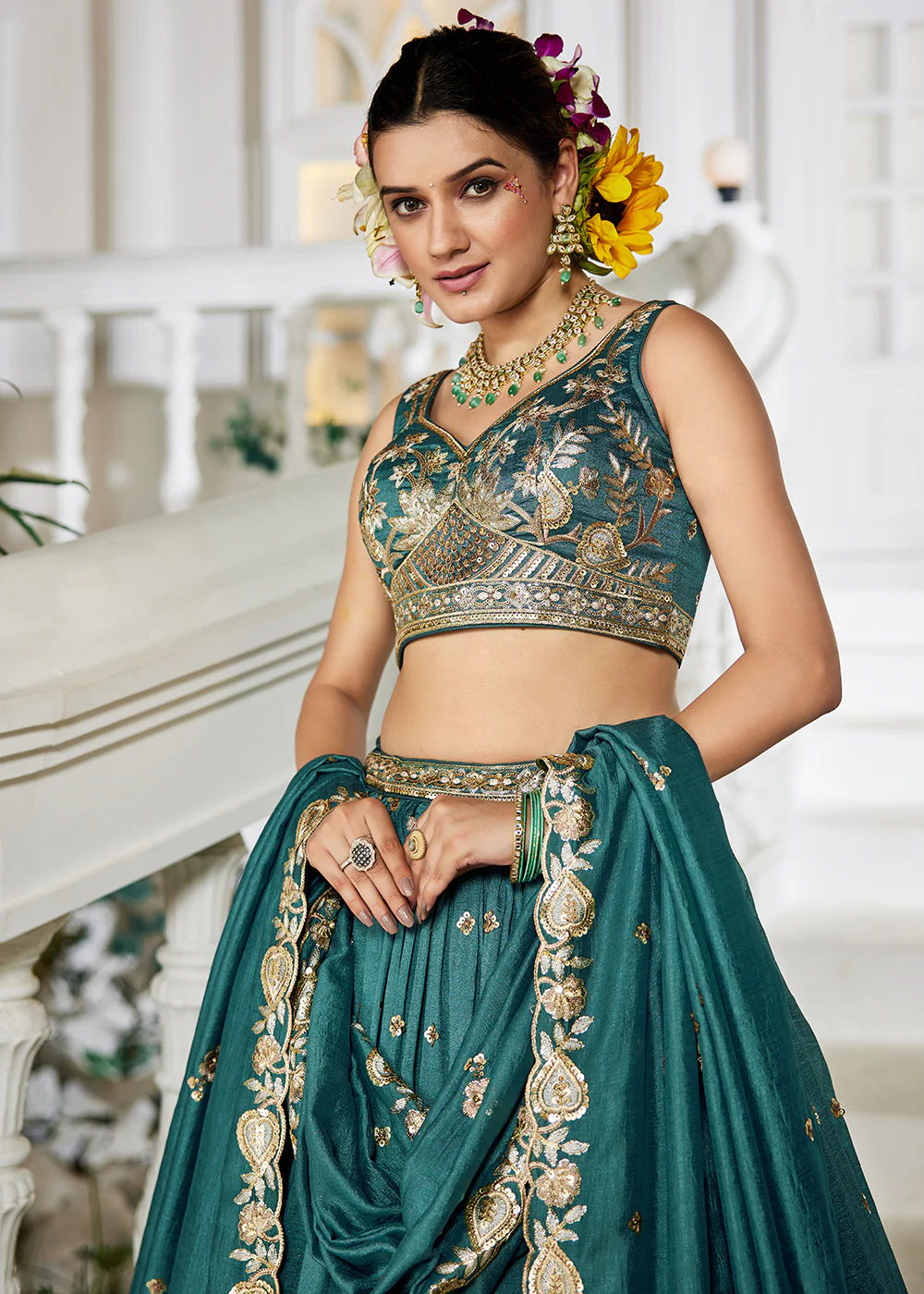 Poly Georgette Teal Embroidered Wedding Lehenga Choli - Image 2