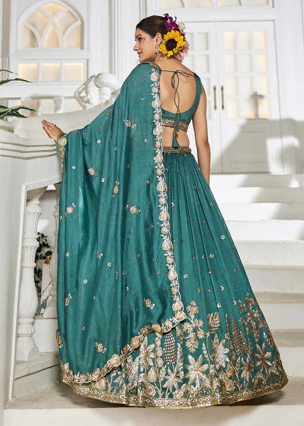 Poly Georgette Teal Embroidered Wedding Lehenga Choli - Image 3