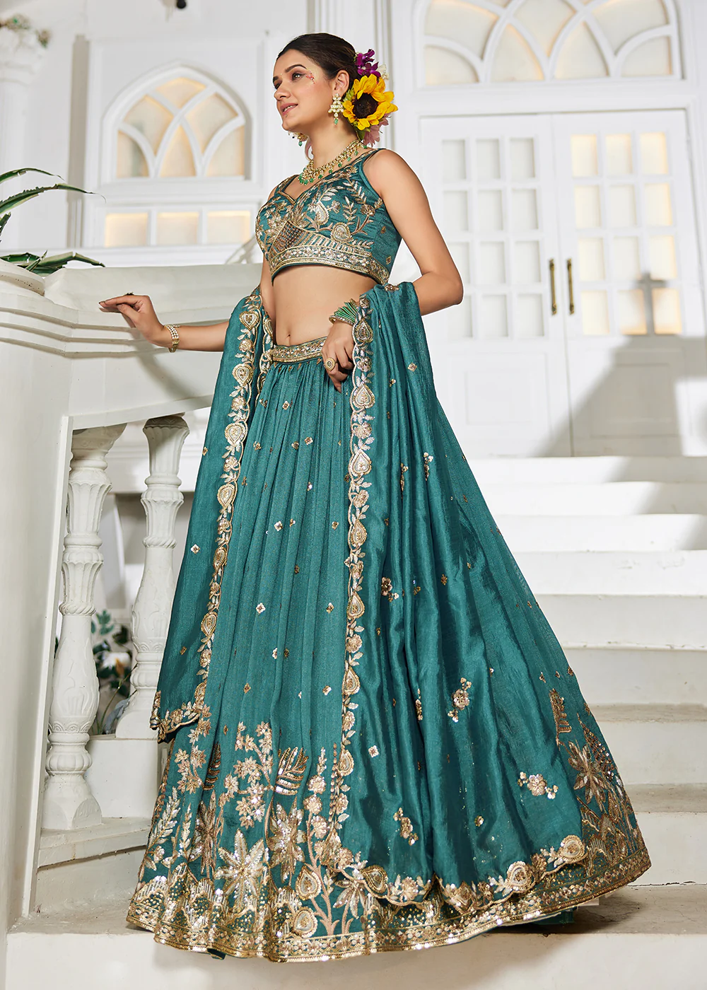 Poly Georgette Teal Embroidered Wedding Lehenga Choli - Image 5