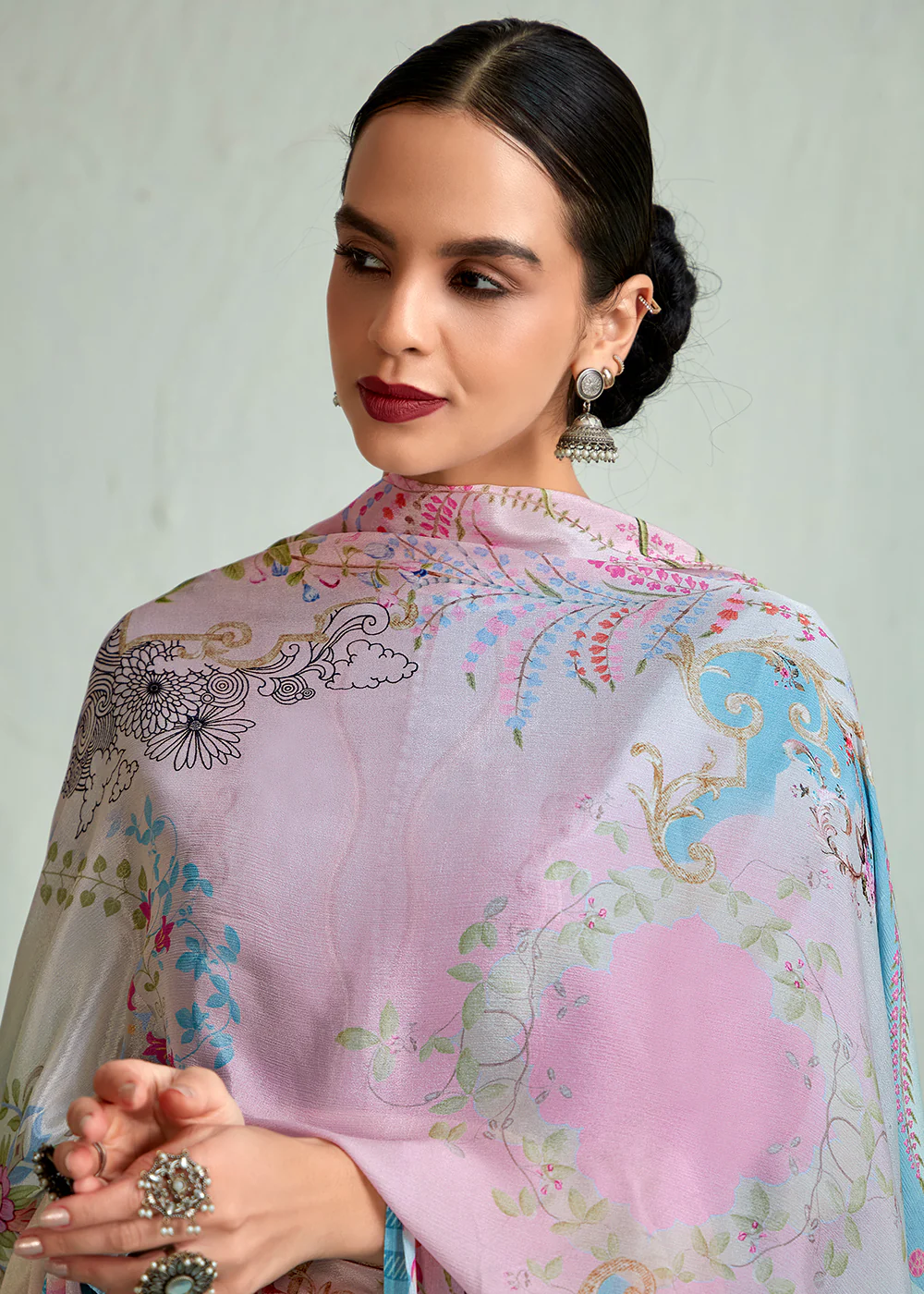 Powder Blue Pure Muslin Resham Embroidered Salwar Suit - Image 2