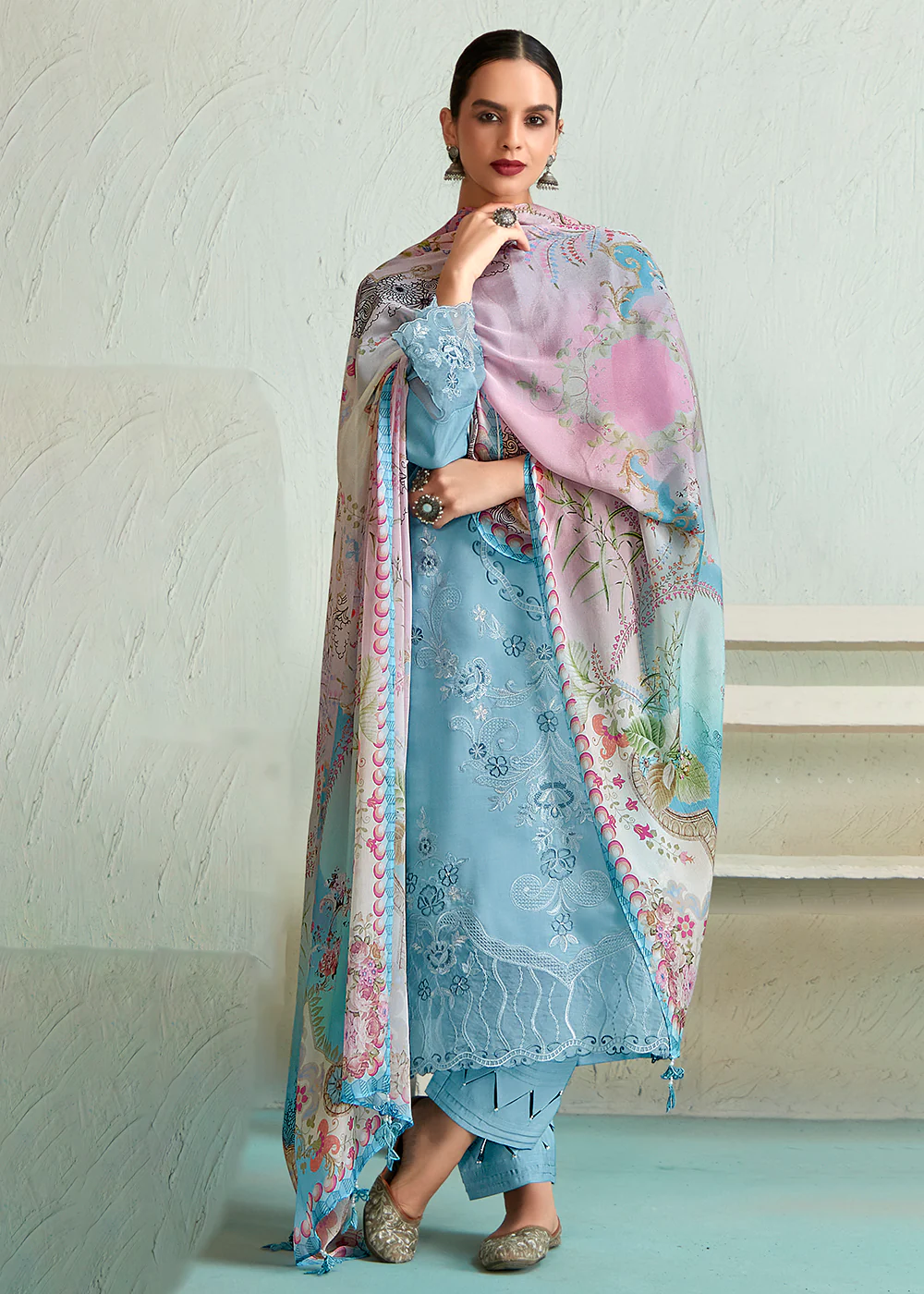 Powder Blue Pure Muslin Resham Embroidered Salwar Suit - Image 3