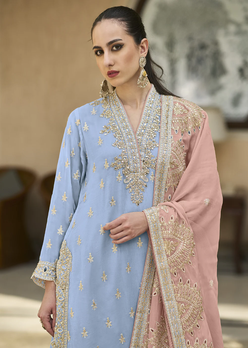 Powder Blue Semi Chiffon Pakistani Style Palazzo Suit - Image 2