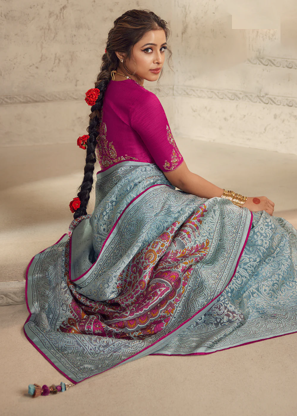 Powder Blue Soft Organza Brasso Embroidered Wedding Festive Saree - Image 4