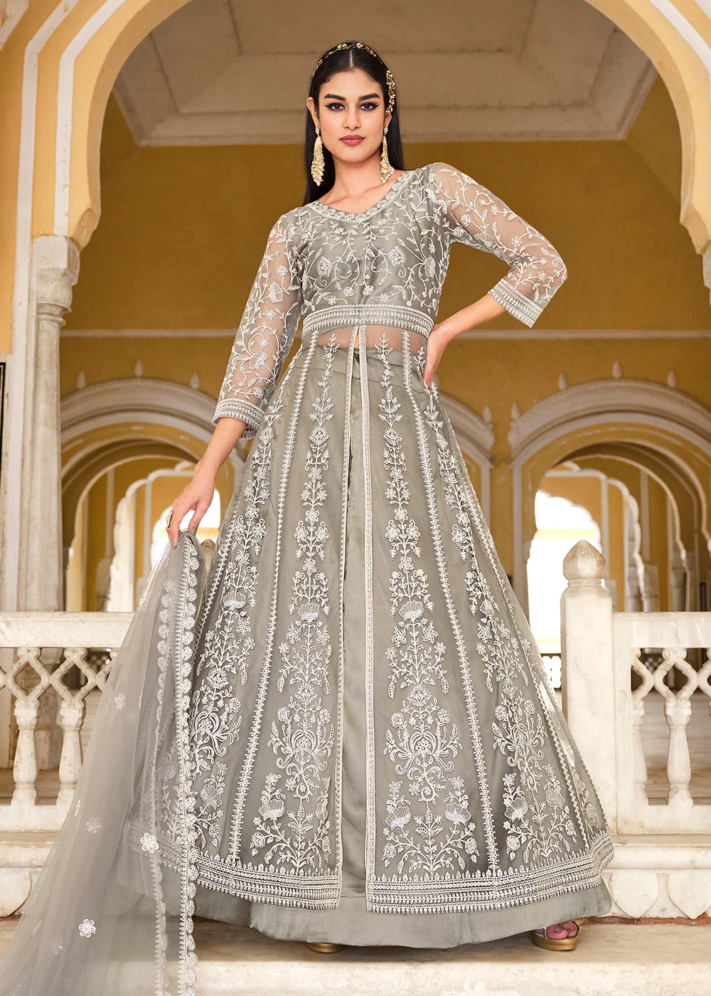 Powder Grey Skirt & Pant Style Designer Anarkali Suit